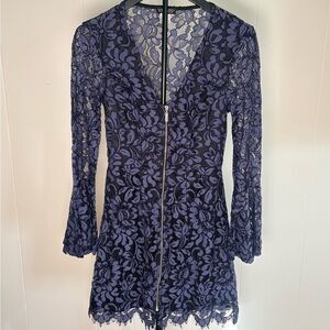 VENUS Blue Black Lace Fit & Flare Bell Sleeve Short Zip Dress Sz 2 whimsigoth